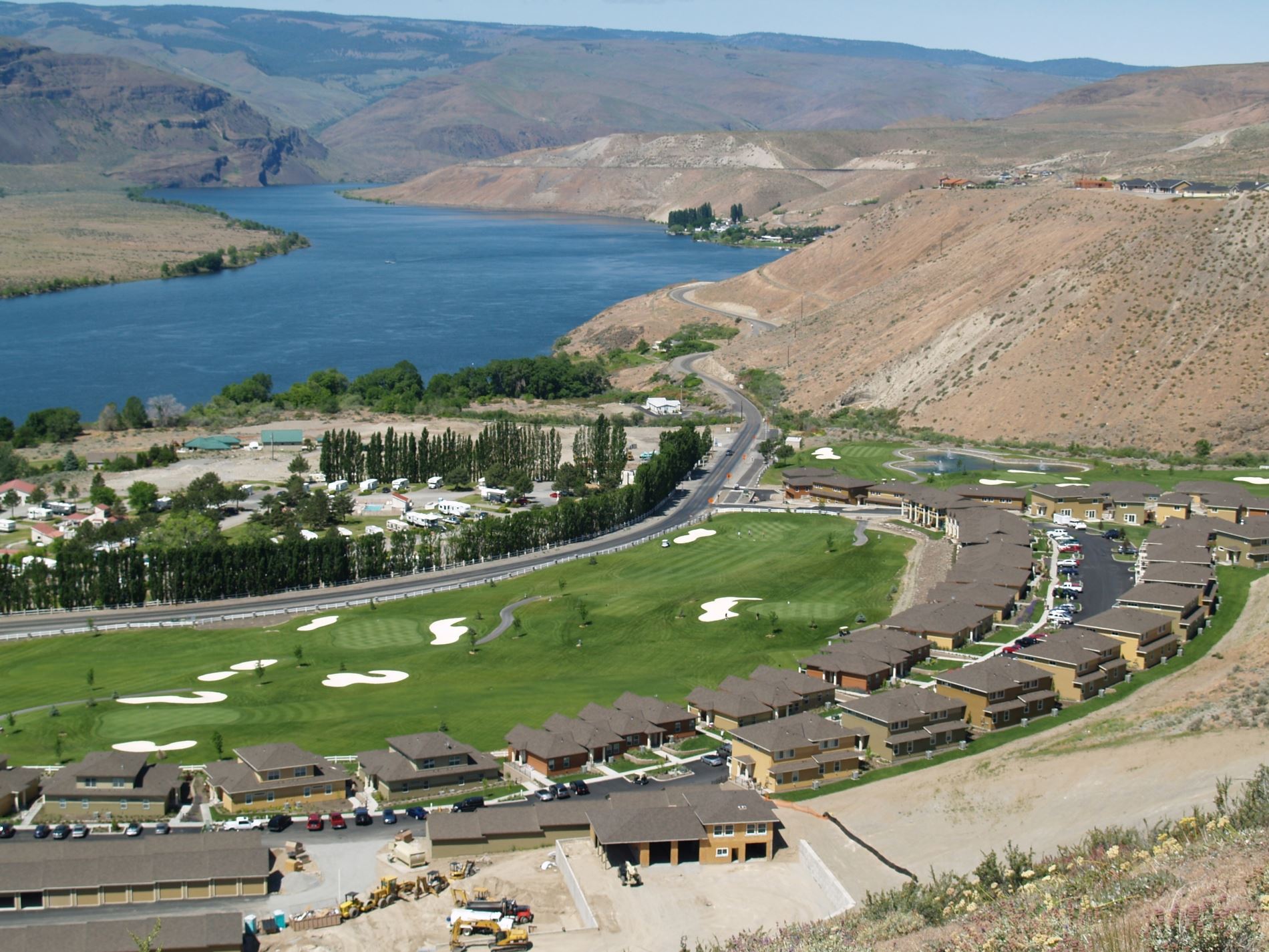 Aerial image of houses and the river
