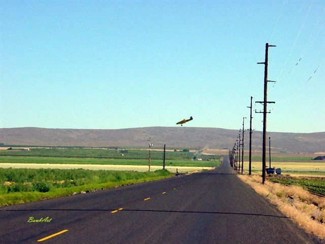 Road with a plane flying over a field